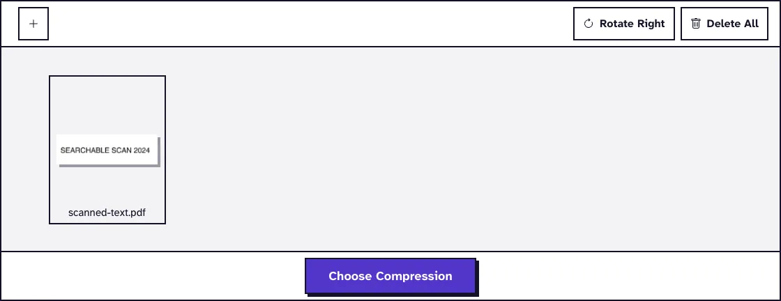 Compress PDF edit step with a scanned page loaded, ready to compress a PDF for court e-filing, with Rotate Right and Choose Compression buttons