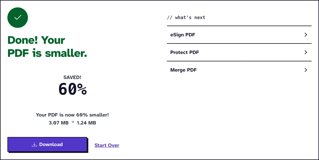 Compress PDF results screen showing how to compress a PDF under 5MB: Light compression took a 3.07 MB PDF to 1.24 MB, 60% smaller