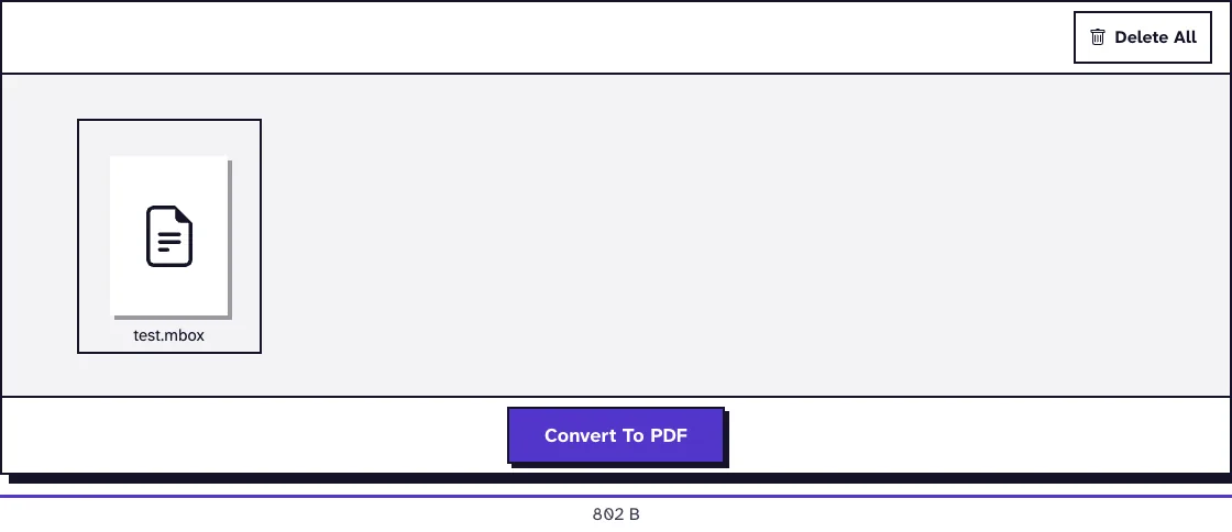 MBOX to PDF tool with a test MBOX file uploaded and the Convert To PDF button, a way to open an MBOX file without an email client