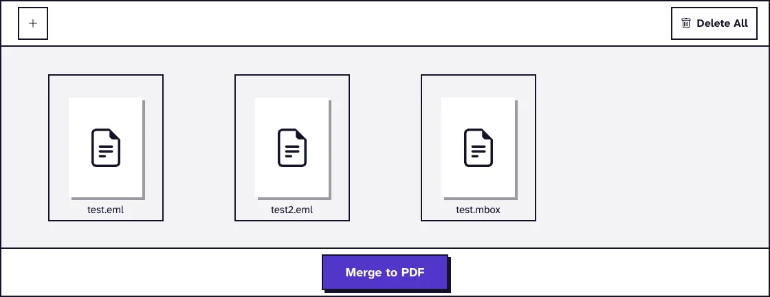 Merge Emails to PDF with two EML files and one MBOX file uploaded, ready to export emails to PDF for a legal discovery review set