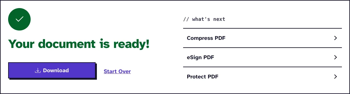 Merge PDF results screen with Download and a what's next link to Compress PDF, the second step to merge and compress a PDF online