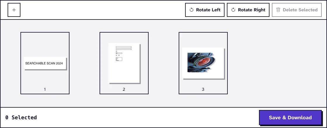 Merge PDF editor with a scanned page, a form page and a photo page ready to merge into one PDF for a real estate closing