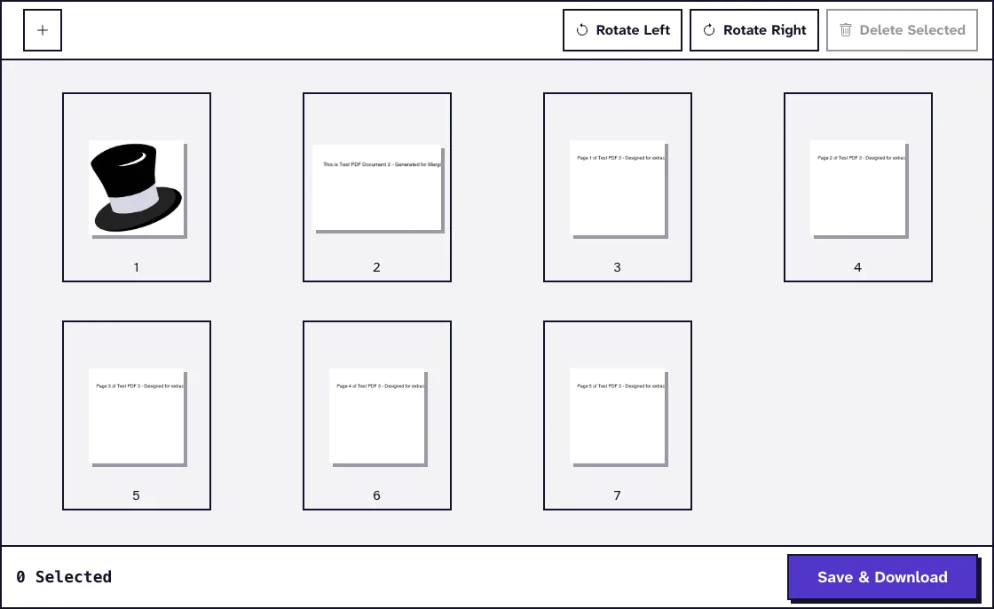 Merge PDF editor with seven page thumbnails from three PDF documents, arranged before merging them into one tax return packet