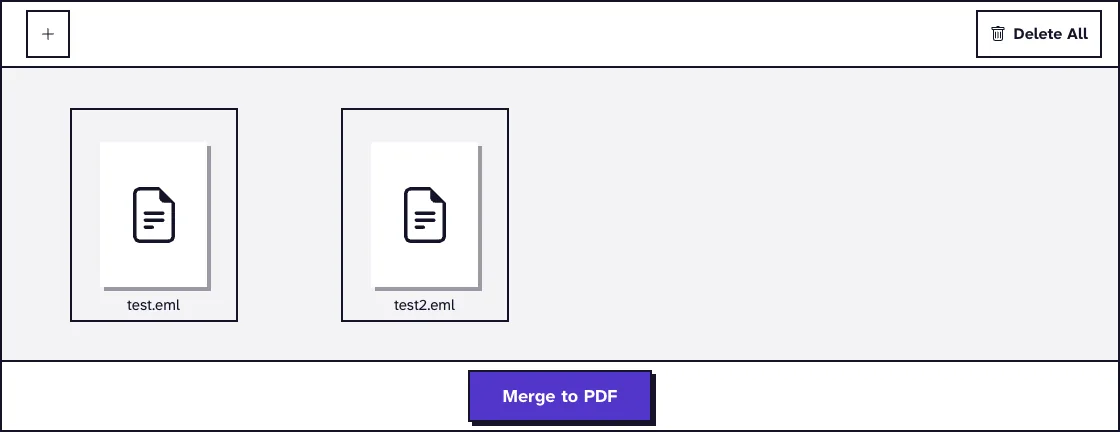 Merge Emails to PDF with two EML files uploaded and the Merge to PDF button, a step to save Outlook email as PDF with attachments listed
