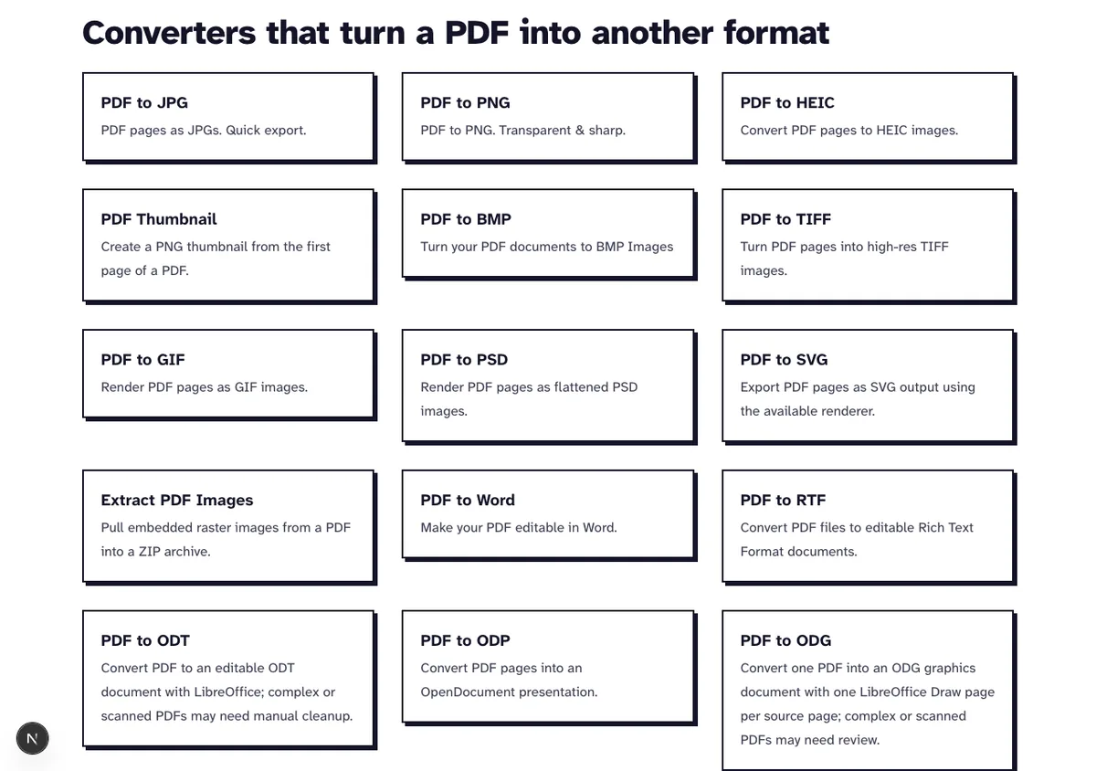 Convert from PDF hub listing converters to Word, PowerPoint, JPG, PNG, TIFF, Excel, CSV and text