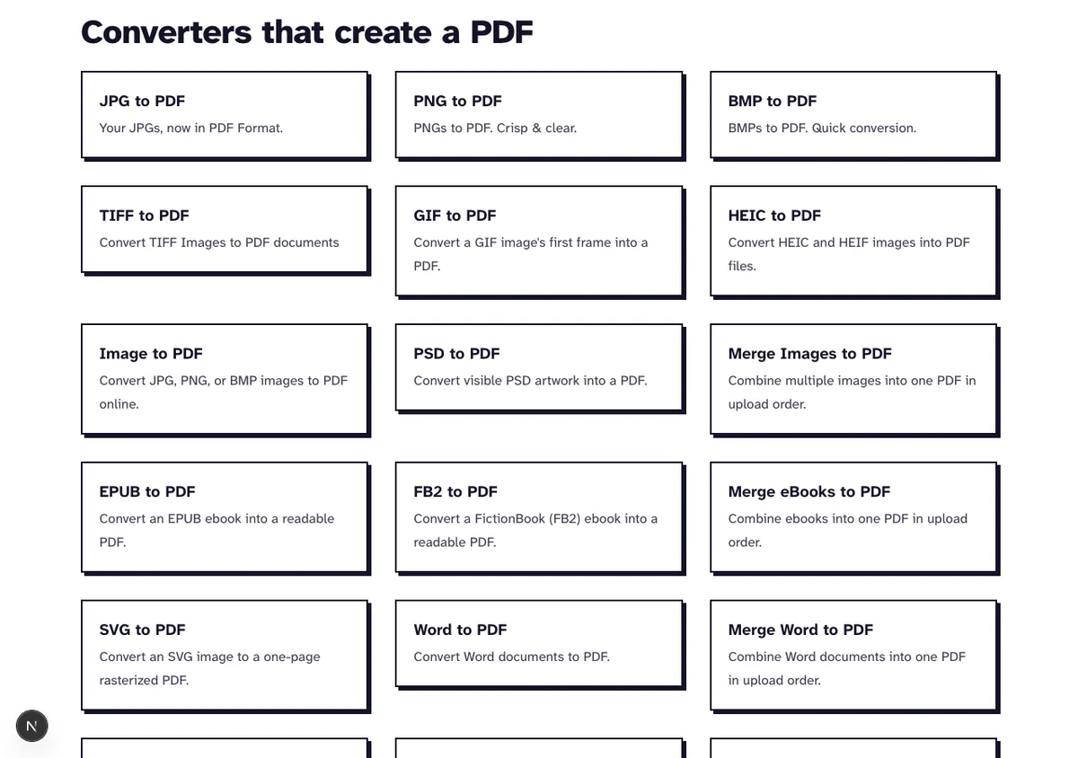 Convert to PDF hub listing converters for Word, Excel, PowerPoint, images, eBooks, web pages and emails