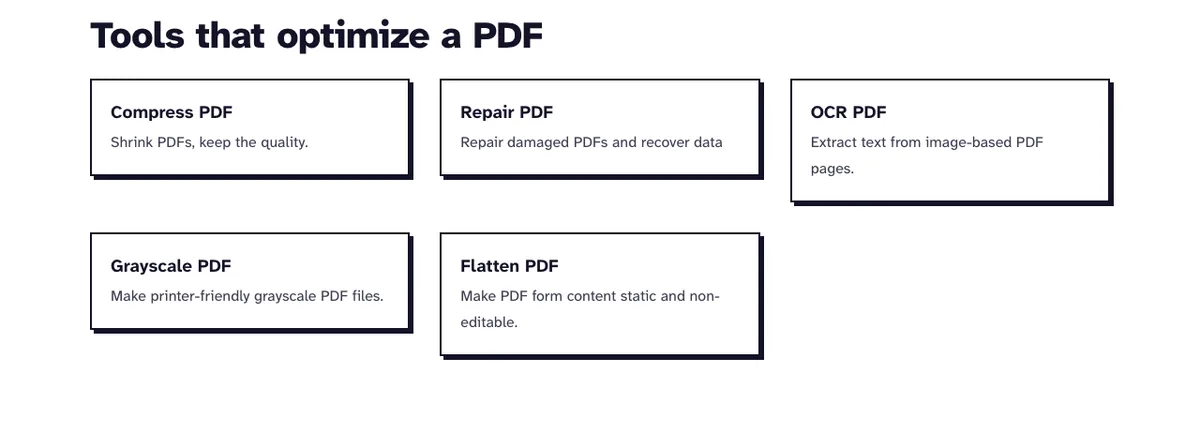 Optimize PDF hub listing the tools to compress, repair, OCR, convert to grayscale and flatten a PDF