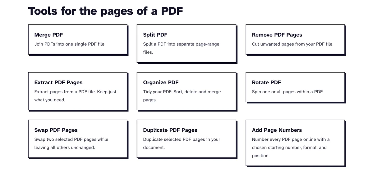 Edit PDF pages hub listing the tools to merge, split, remove, extract, reorder, rotate, swap, duplicate and number pages