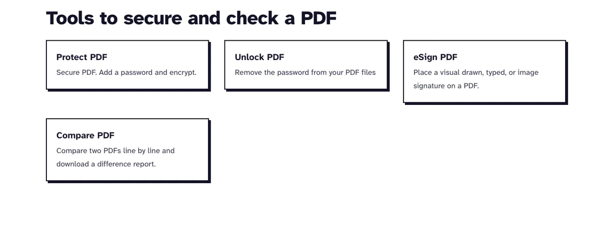PDF security hub listing the tools to protect, unlock, sign and compare PDF files