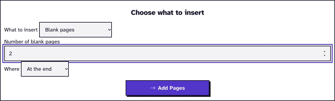 Add pages to PDF options with blank pages, the number of pages and the position at the end