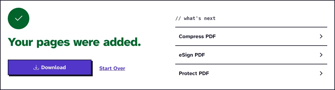 Add pages to PDF results screen saying Your pages were added, with a Download button