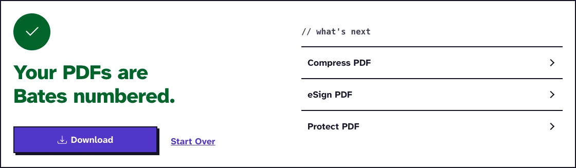 Bates numbering results screen saying Your PDFs are Bates numbered, with a Download button