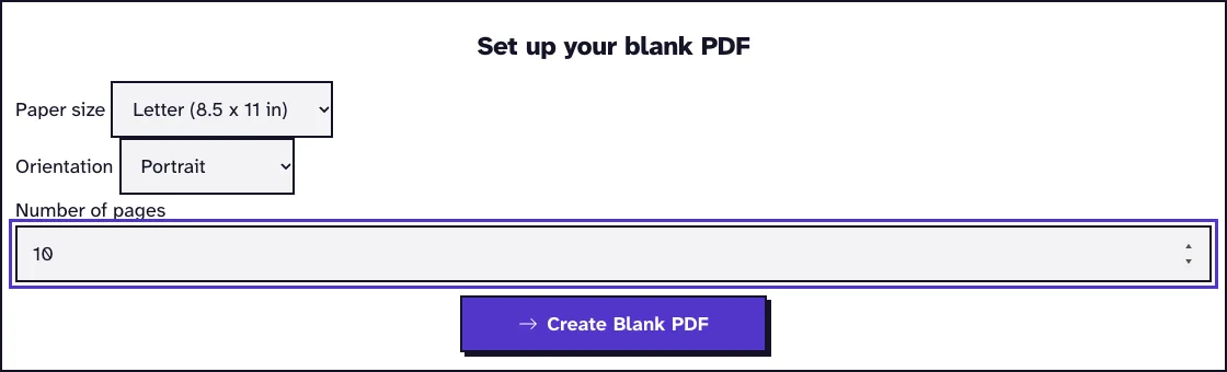 Blank PDF options with paper size, orientation and number of pages and the Create Blank PDF button