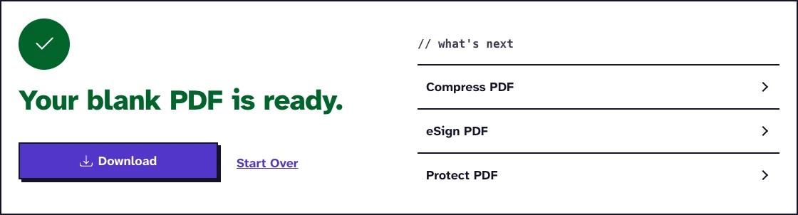 Blank PDF results screen saying Your blank PDF is ready, with a Download button