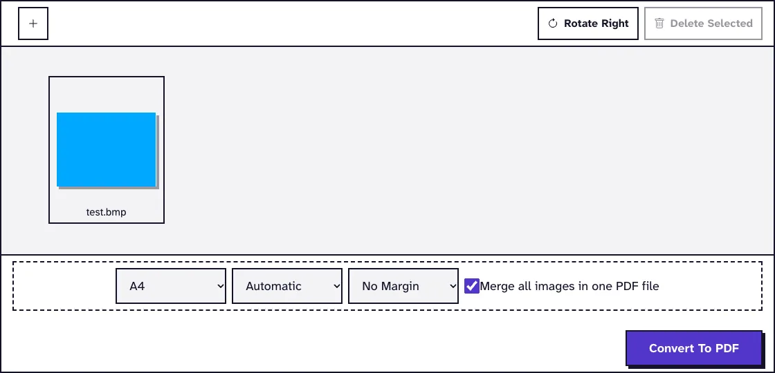 BMP to PDF settings with test.bmp uploaded: A4, Automatic orientation, No Margin and Merge all images in one PDF file ticked
