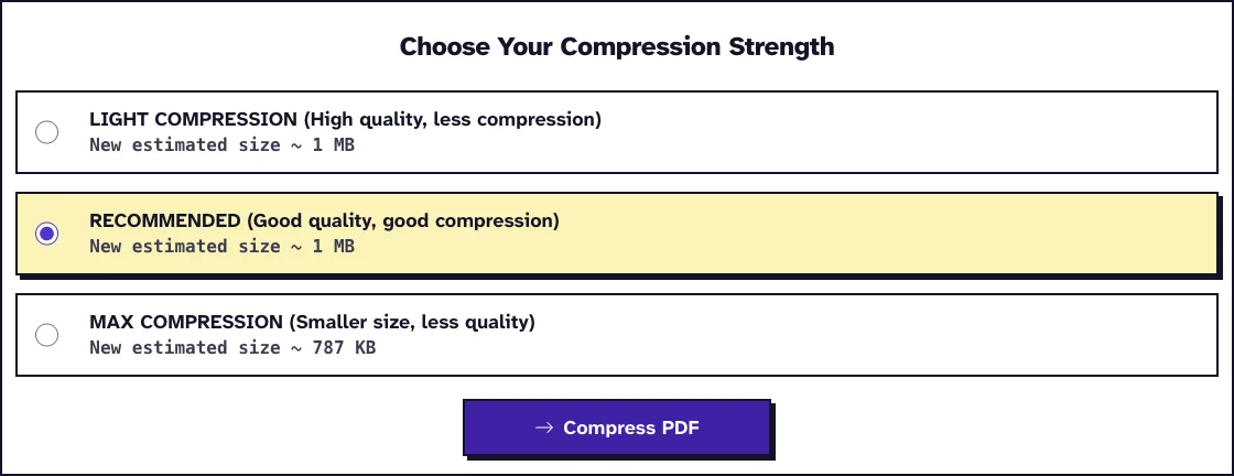 Compress PDF screen with three levels, Light, Recommended and Max compression, each with an estimated new size
