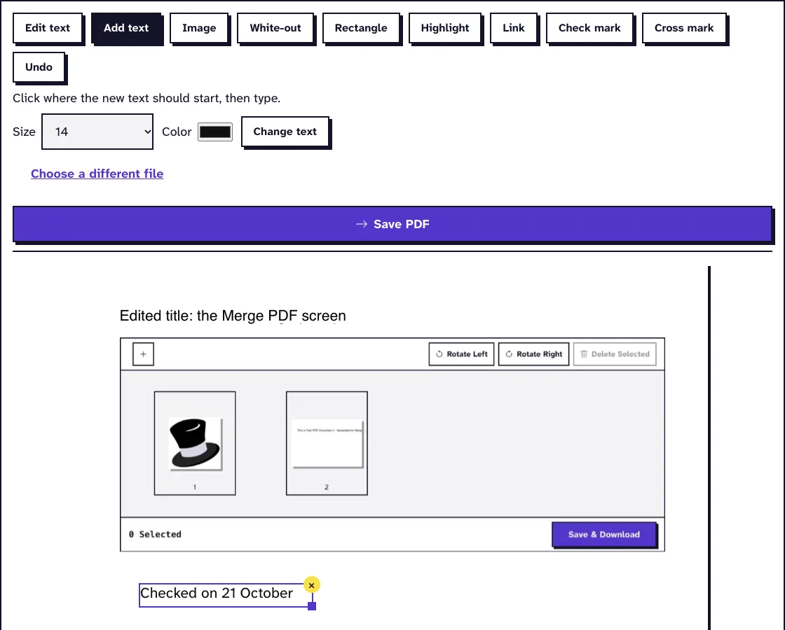 Edit PDF screen with a changed first line, an added note and the editing tools above the page
