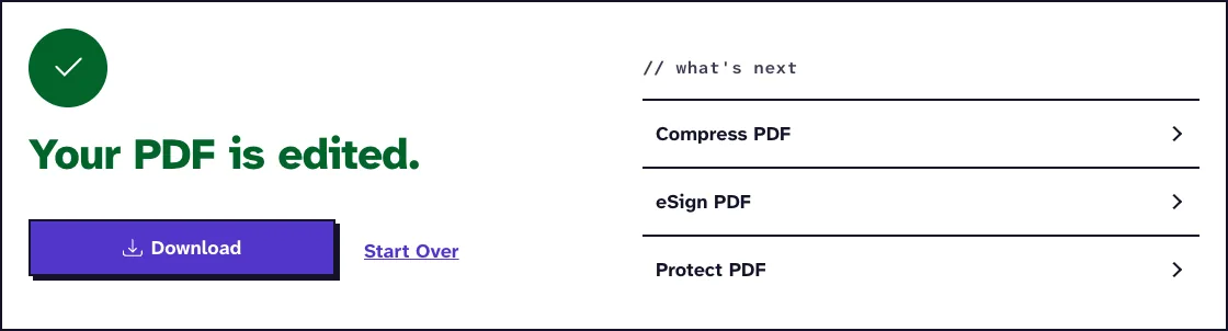Edit PDF results screen saying Your PDF is edited, with a Download button