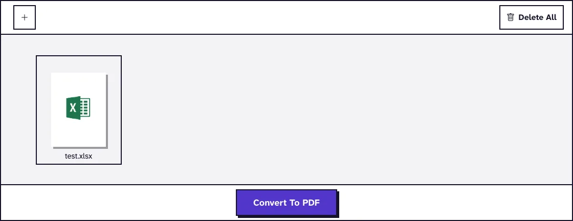 Excel to PDF screen with the workbook test.xlsx uploaded and the Convert To PDF button