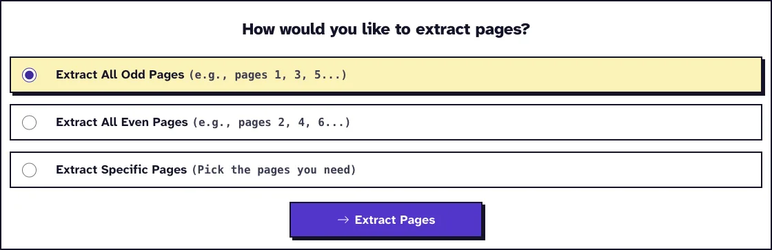 Extract PDF pages options with Extract All Odd Pages selected, plus the even pages and specific pages choices