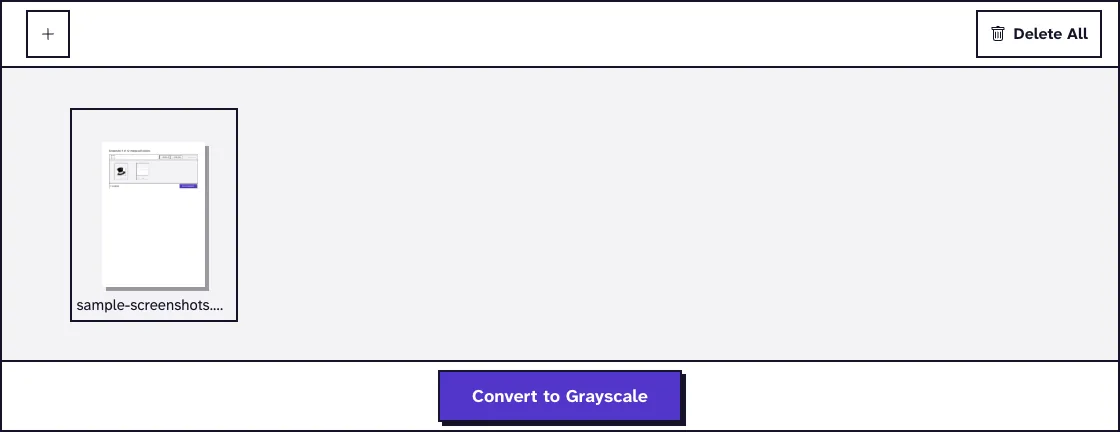 PDF to black and white converter with sample-screenshots.pdf uploaded and the Convert to Grayscale button