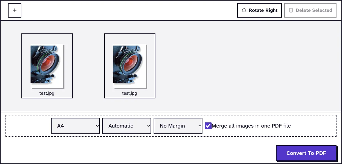 JPG to PDF converter with two JPG images, the A4, Automatic and No Margin settings and the merge checkbox