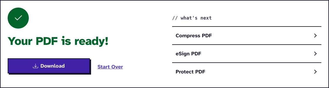 JPG to PDF results screen saying Your PDF is ready, with a Download button