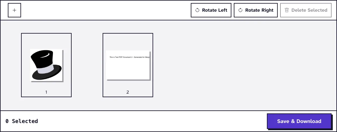 Merge PDF in the free PDF tools of PDF-File.com: two test files shown as page thumbnails with Rotate Left, Rotate Right and Delete Selected buttons