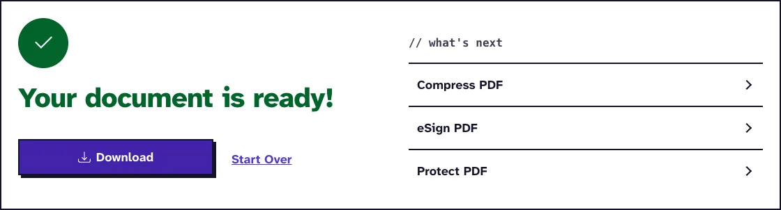 Merge PDF results screen saying Your document is ready, with a Download button for the merged PDF