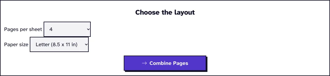 Multiple pages per sheet PDF options with 4 pages per sheet on Letter paper and the Combine Pages button