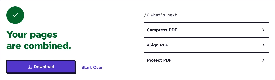 Multiple pages per sheet PDF results screen saying Your pages are combined, with a Download button