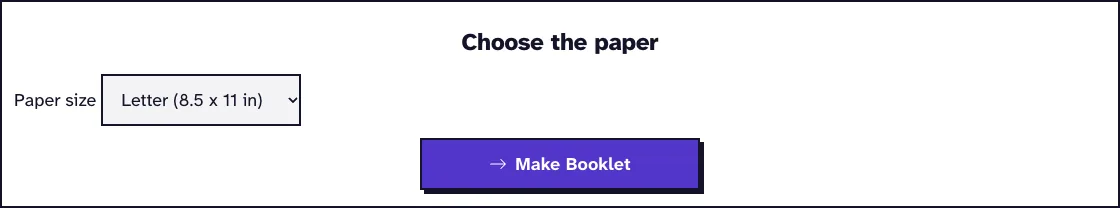PDF booklet maker options with Letter paper selected and the Make Booklet button