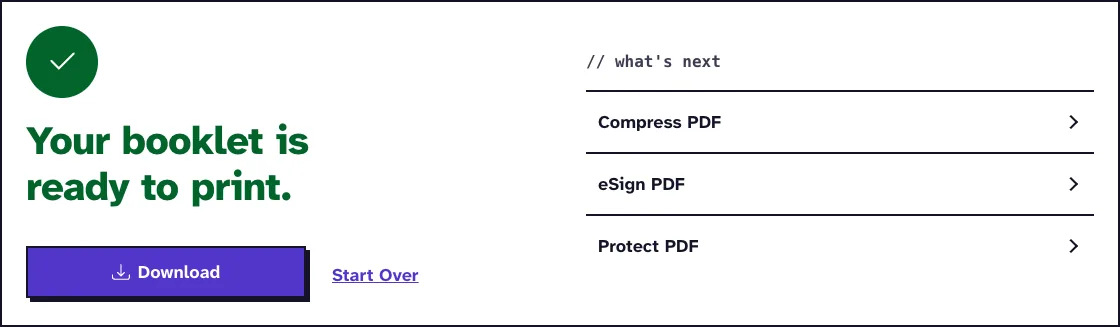 PDF booklet maker results screen saying Your booklet is ready to print, with a Download button