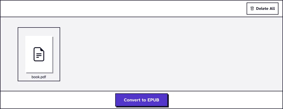 PDF to EPUB converter with a PDF book uploaded and the Convert to EPUB button