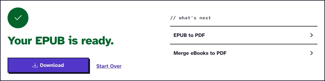PDF to EPUB converter results screen saying Your EPUB is ready, with a Download button