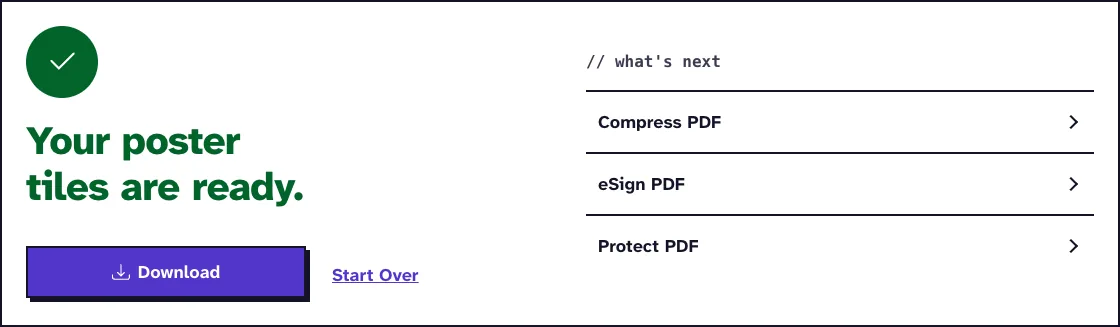 Print PDF as poster results screen saying Your poster tiles are ready, with a Download button