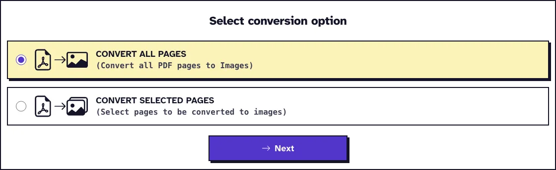 PDF to JPG converter options with Convert All Pages selected and Convert Selected Pages as the other choice