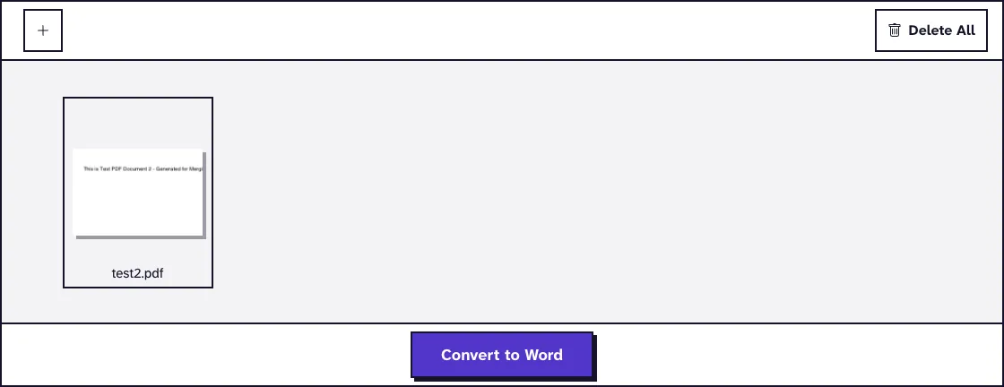 PDF to Word screen with test2.pdf uploaded and the Convert to Word button