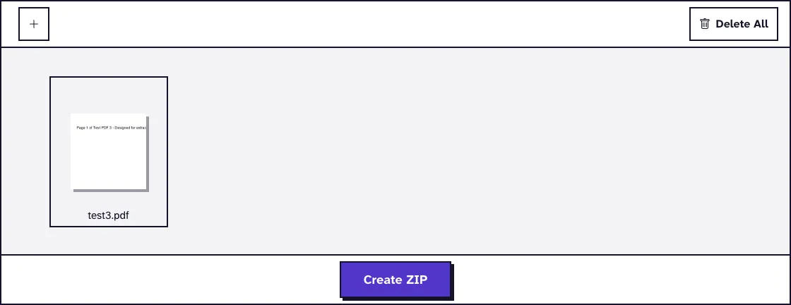 PDF to ZIP screen with test3.pdf added and the Create ZIP button