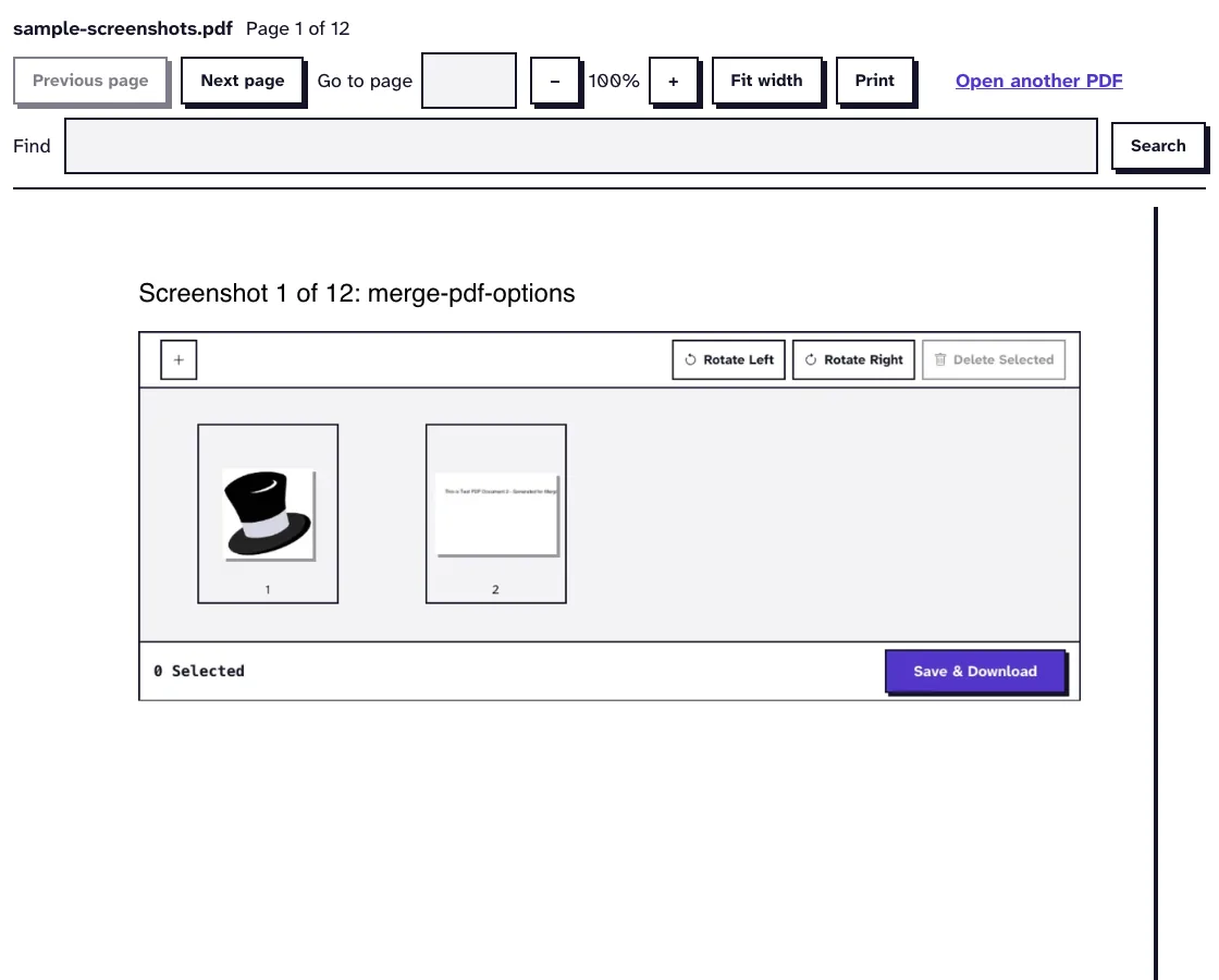 PDF viewer online with a 12-page PDF open at page 1, the page counter, zoom and search bar