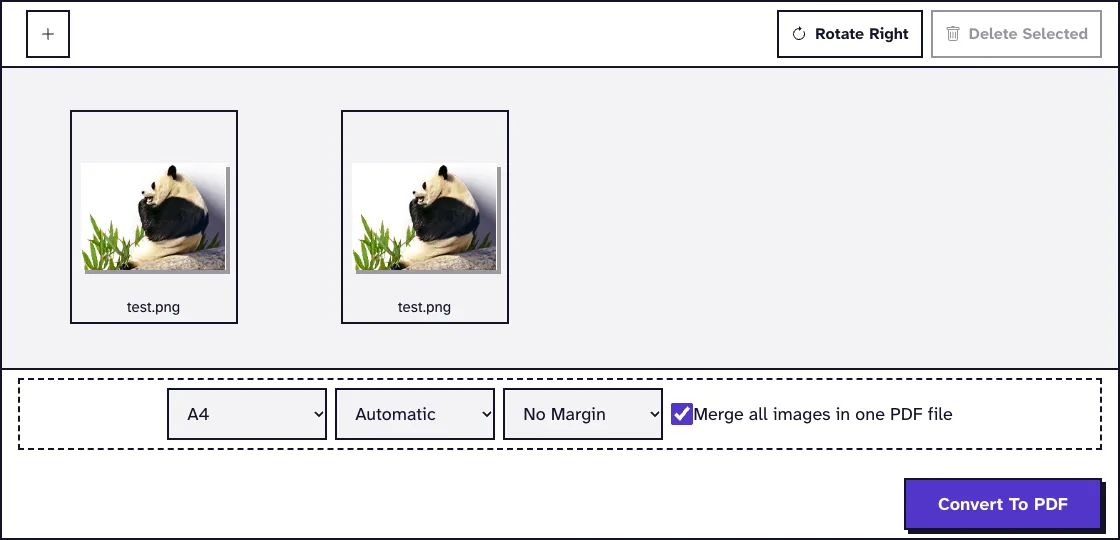 PNG to PDF converter with two PNG images, the A4, Automatic and No Margin settings and the merge checkbox
