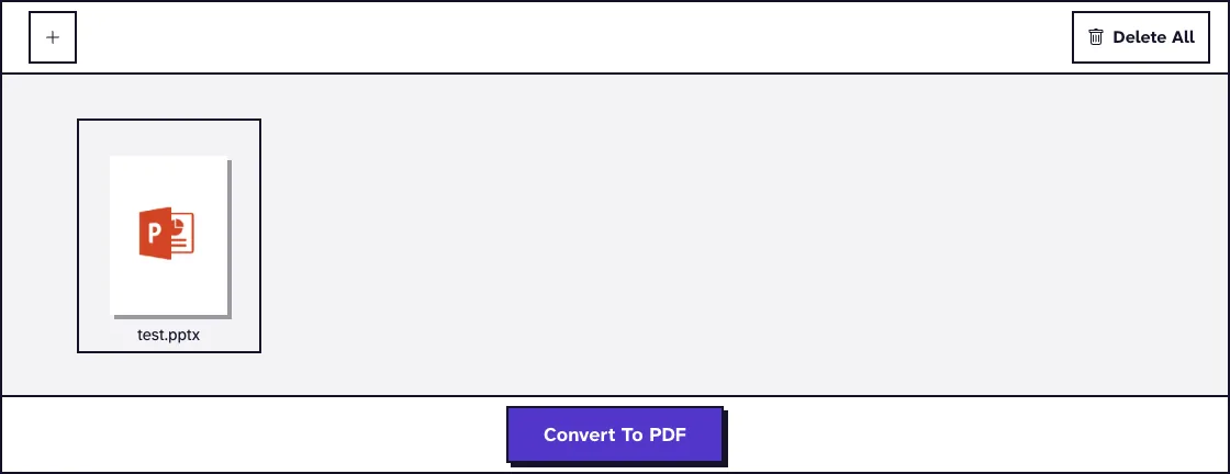 PPTX to PDF screen with the presentation test.pptx uploaded and the Convert To PDF button