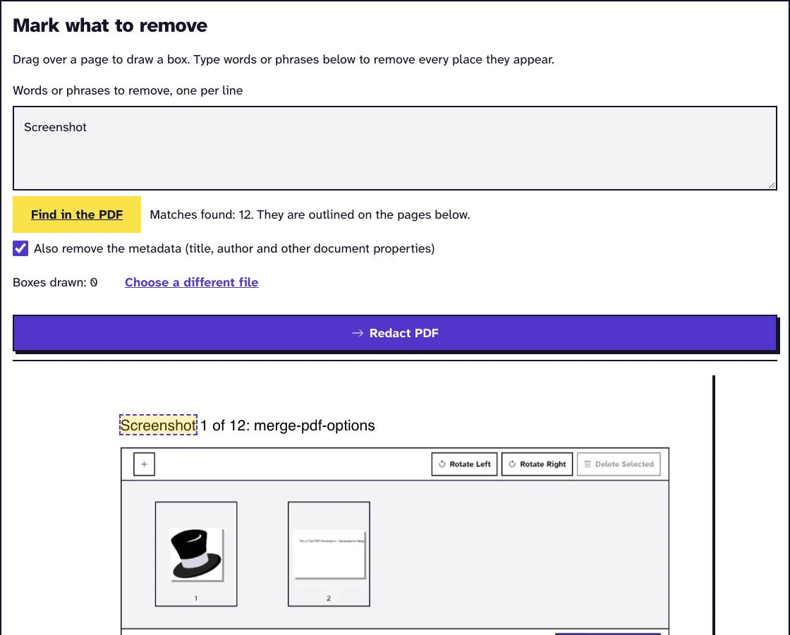 Redact PDF marking view with a search term, the metadata option and the first page of the PDF