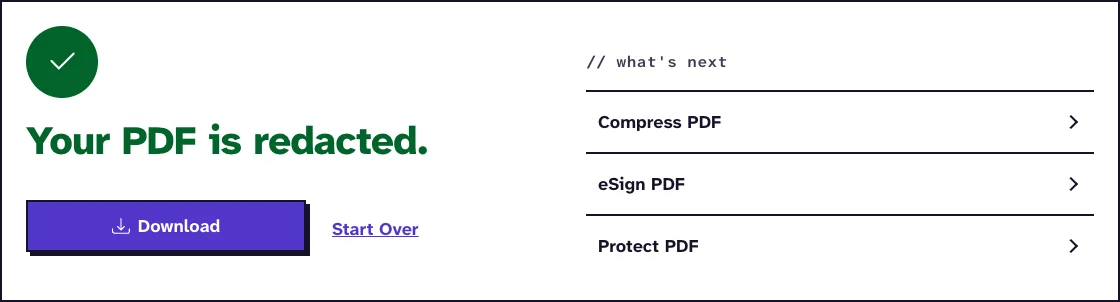 Redact PDF results screen saying Your PDF is redacted, with a Download button