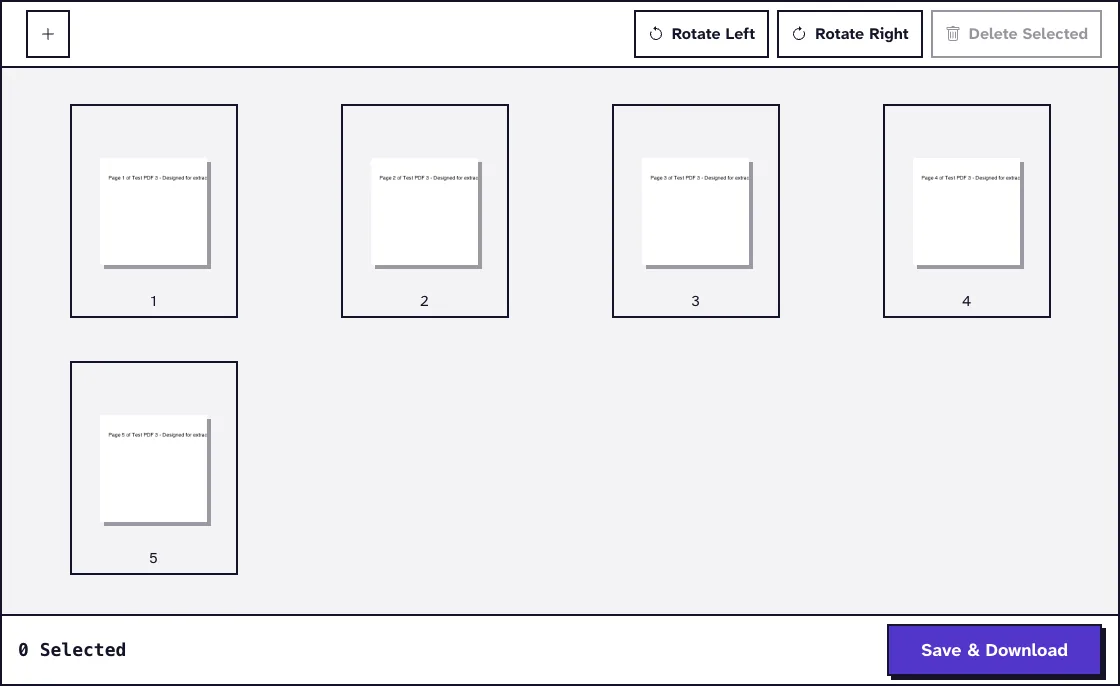 Remove PDF pages screen with thumbnails of pages 1 to 5, Rotate Left, Rotate Right, Delete Selected and Save & Download