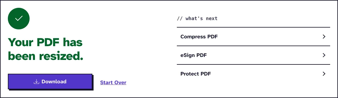 Resize PDF results screen saying Your PDF has been resized, with a Download button