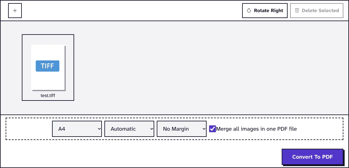 TIFF to PDF converter with test.tiff uploaded, A4, Automatic, No Margin and Merge all images in one PDF file ticked