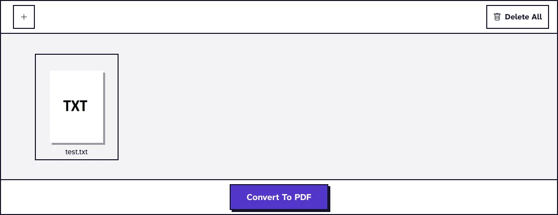 TXT to PDF converter with test.txt uploaded and the Convert To PDF button