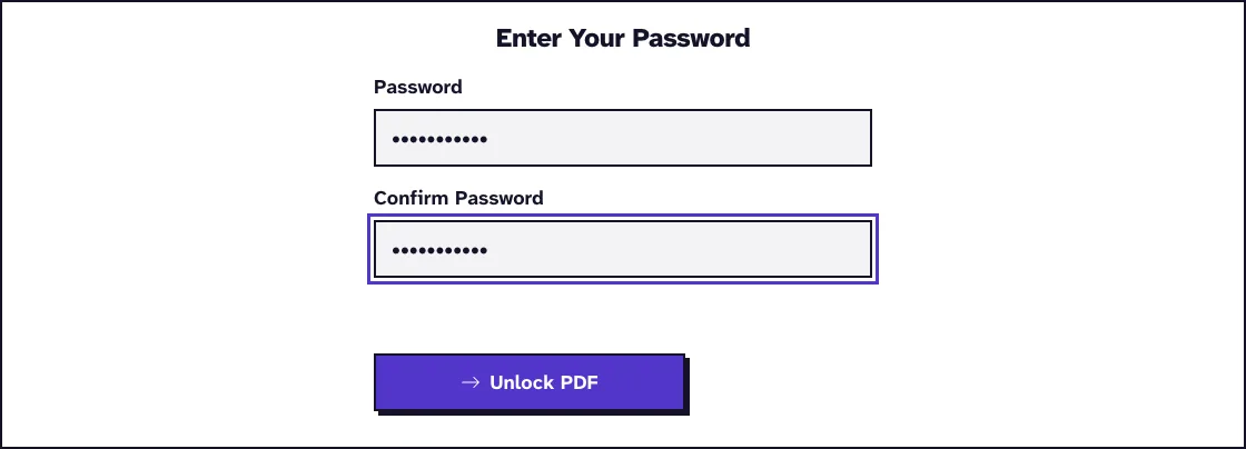 Unlock PDF password form with protected.pdf uploaded and the Password and Confirm Password fields