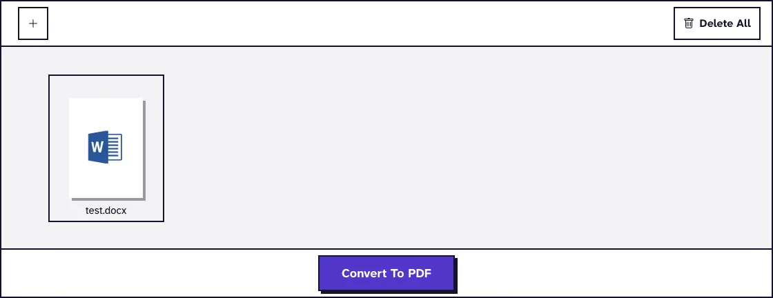 Word to PDF screen with the document test.docx uploaded and the Convert To PDF button